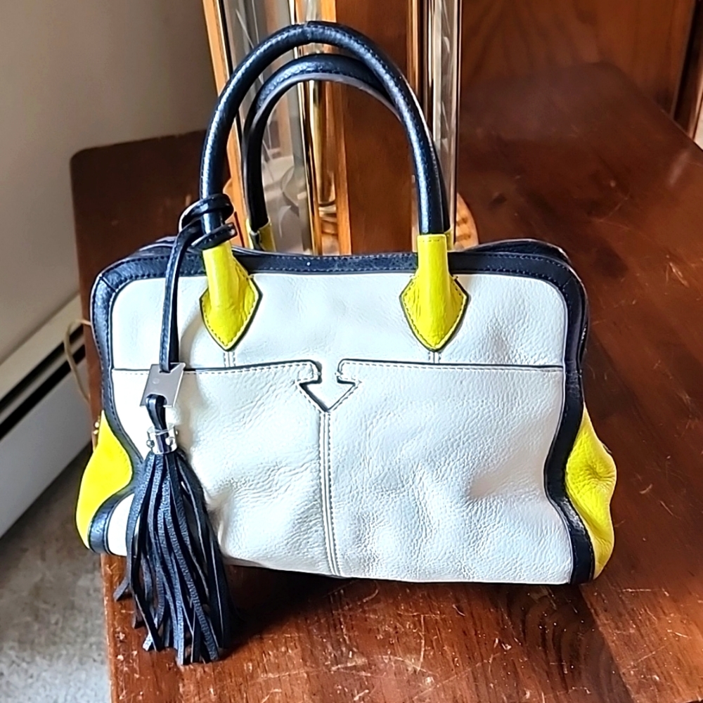 Aimee Kestenberg Leather Satchel Crossbody Handbag Cream Black Yellow